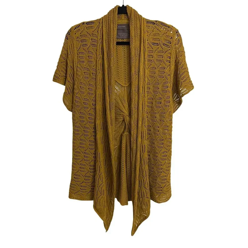 Anthropologie Cardigan Womens Medium Mustard Gold Guinevere Waterfall Open Knit